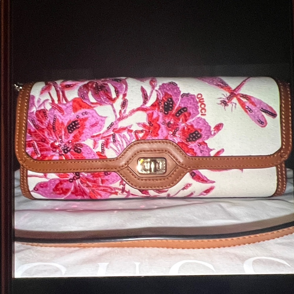 Gucci Pink Floral Canvas Clutch with Tan Leather Trim